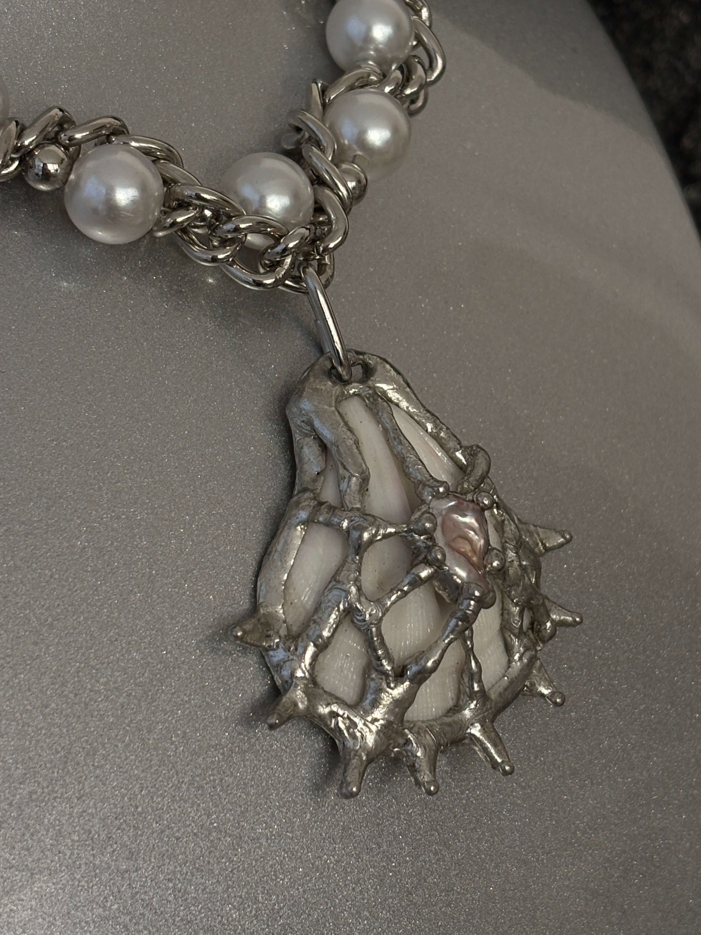 Pearl Opulence necklace by RABIES DOG, handcrafted tin soldered shell necklace with organic freshwater pearls.