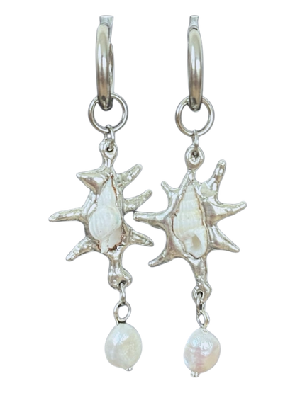Spiky Seashell and Pearl Earrings
