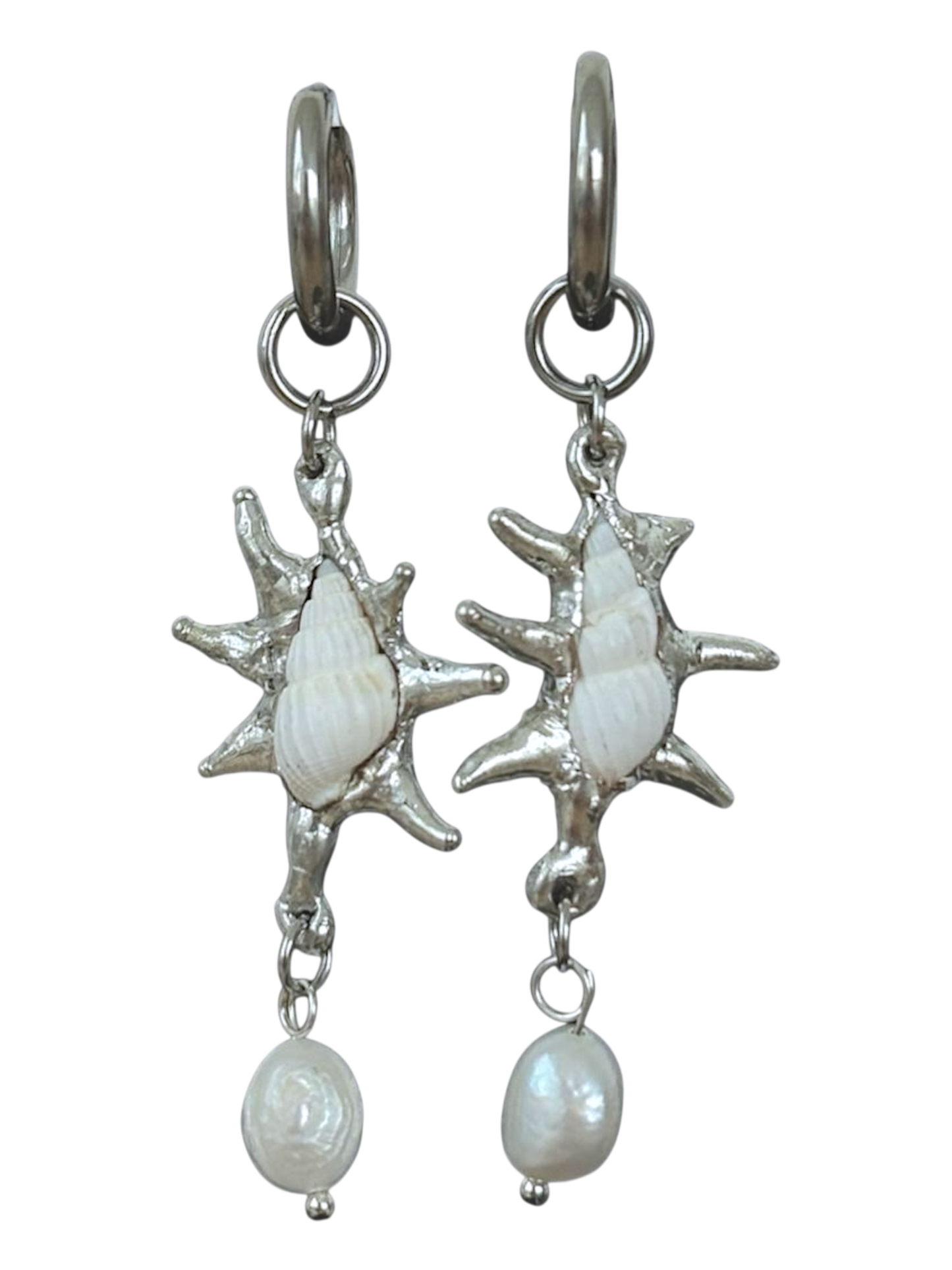 Spiky Seashell and Pearl Earrings
