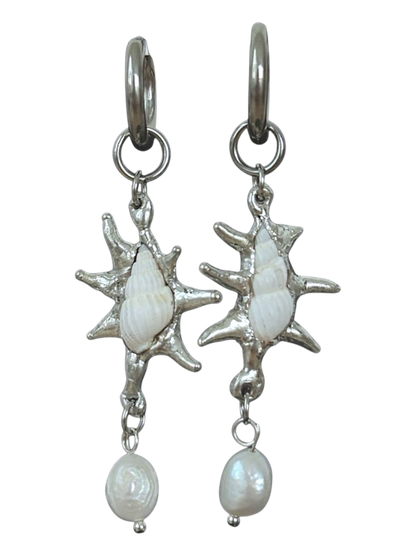 Spiky Seashell and Pearl Earrings