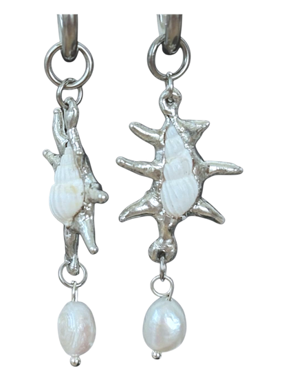 Spiky Seashell and Pearl Earrings