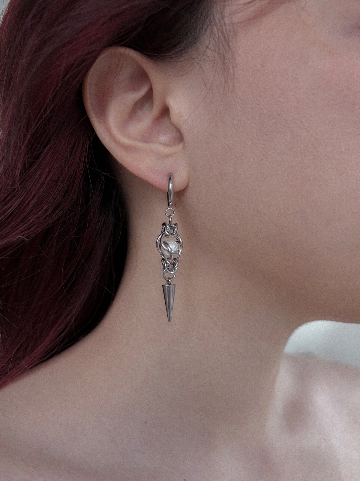 Pearl and Chainmail Spike Earrings