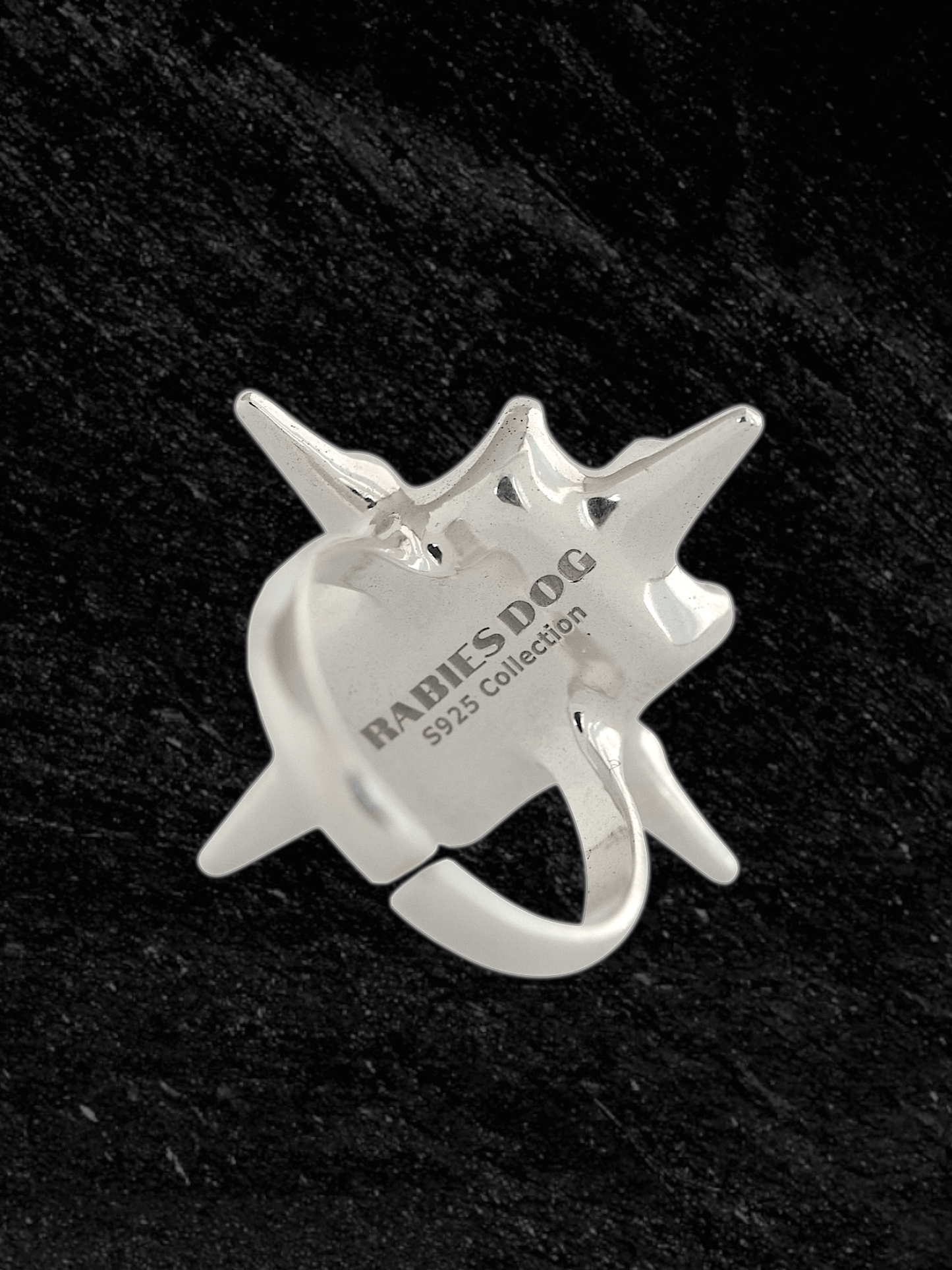 “Astroid Ring in S925 sterling silver, engraved with RABIES DOG and designed as an adjustable open band.”