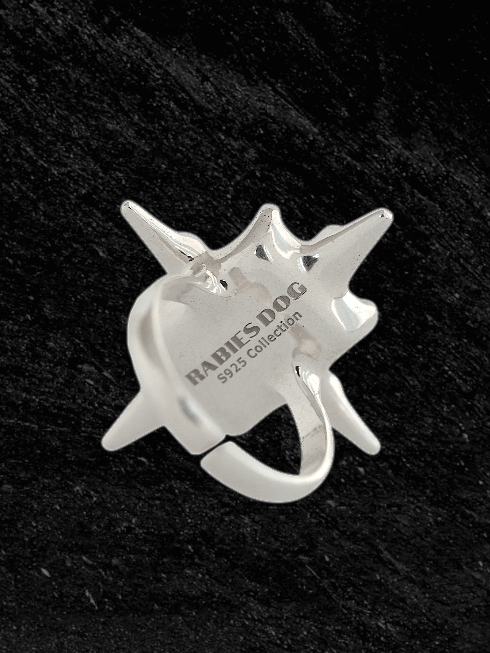 “Astroid Ring in S925 sterling silver, engraved with RABIES DOG and designed as an adjustable open band.”