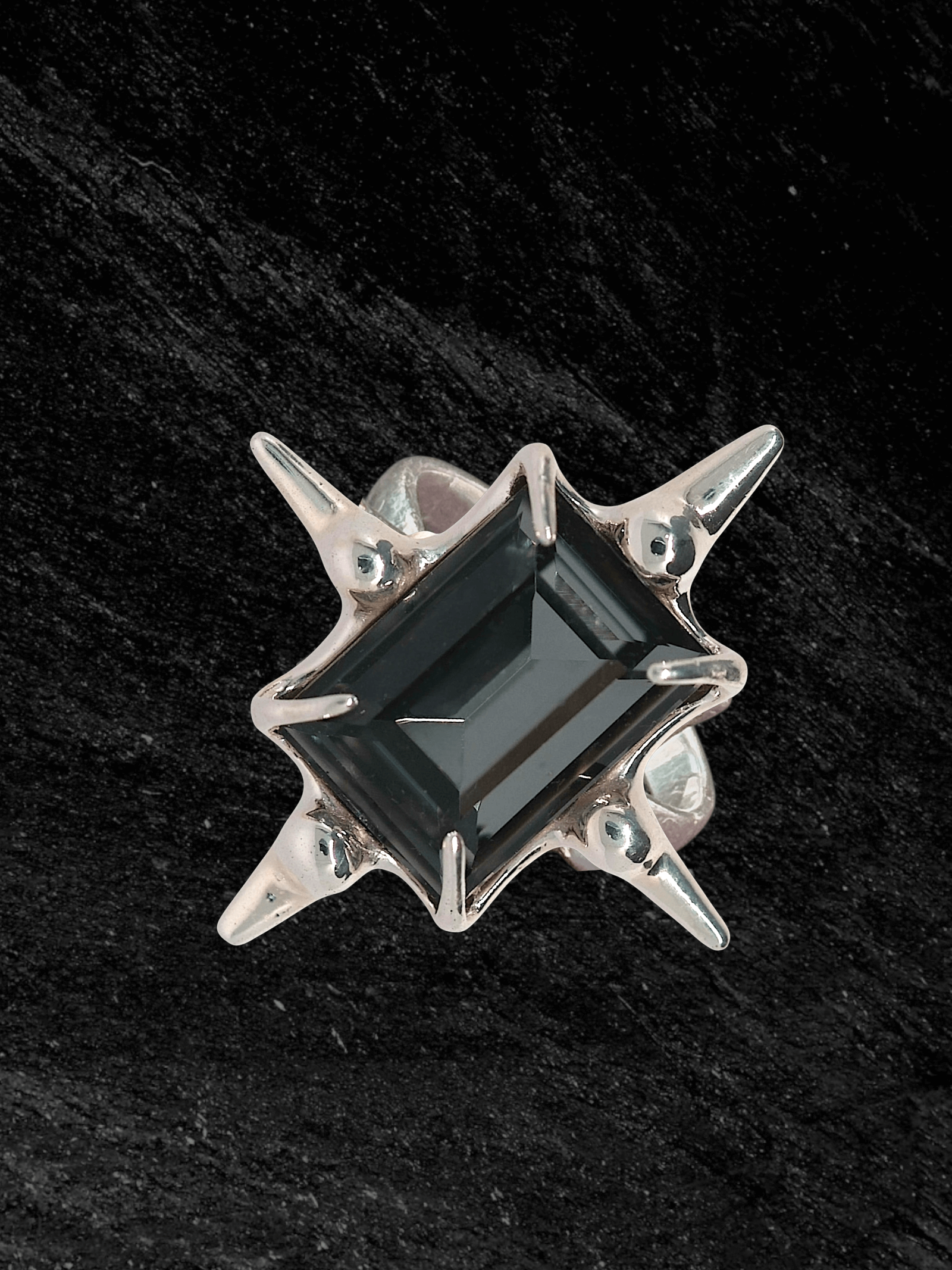 “Astroid Ring in S925 sterling silver, engraved with RABIES DOG and designed as an adjustable open band.”