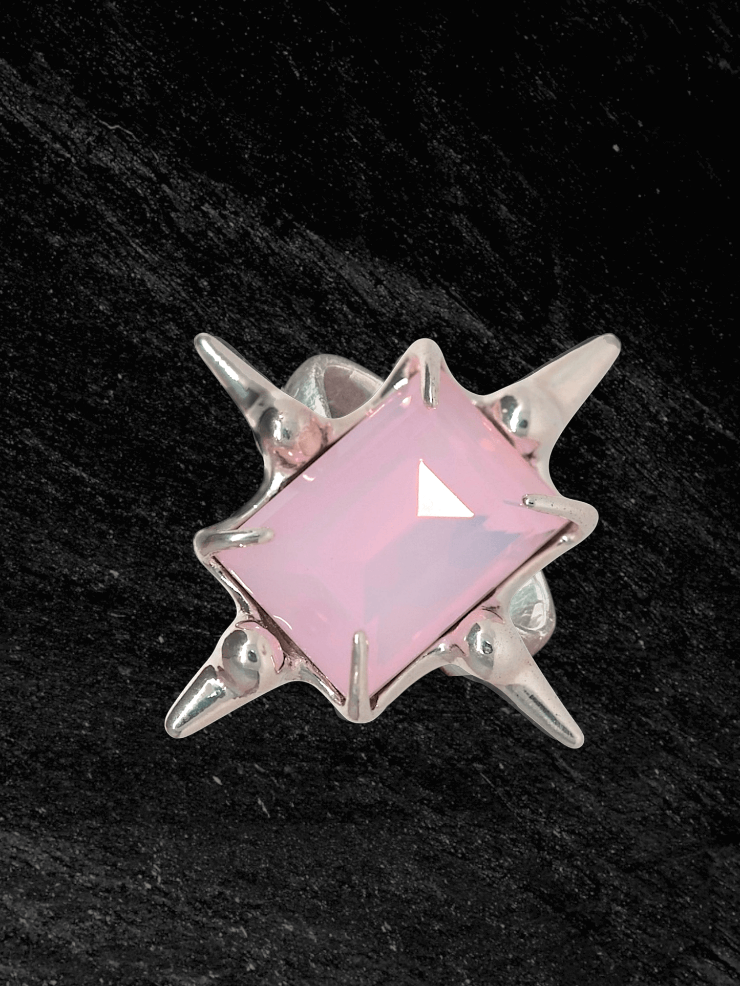 “Astroid Ring in S925 sterling silver, engraved with RABIES DOG and designed as an adjustable open band.”