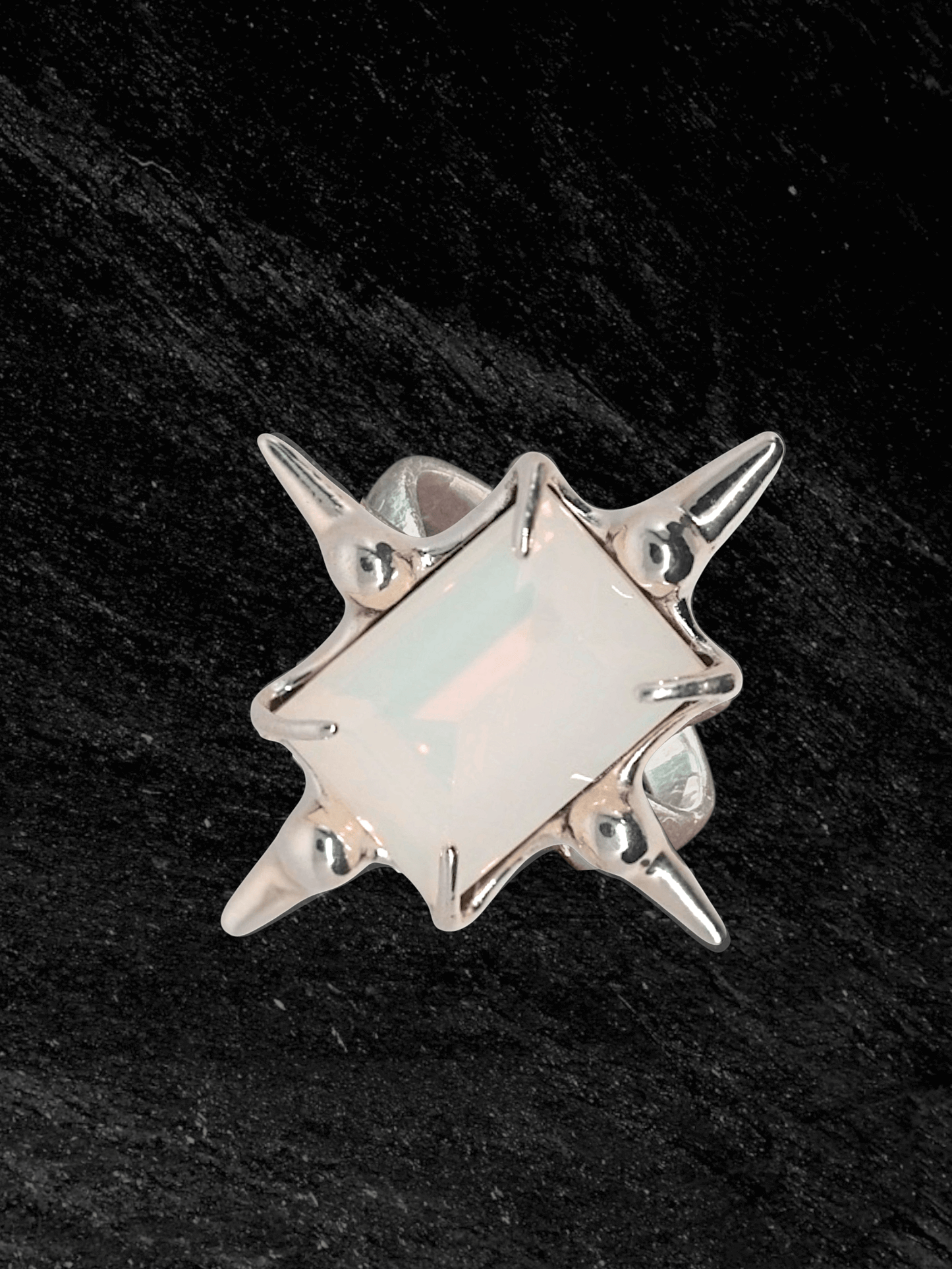 “Astroid Ring in S925 sterling silver, engraved with RABIES DOG and designed as an adjustable open band.”