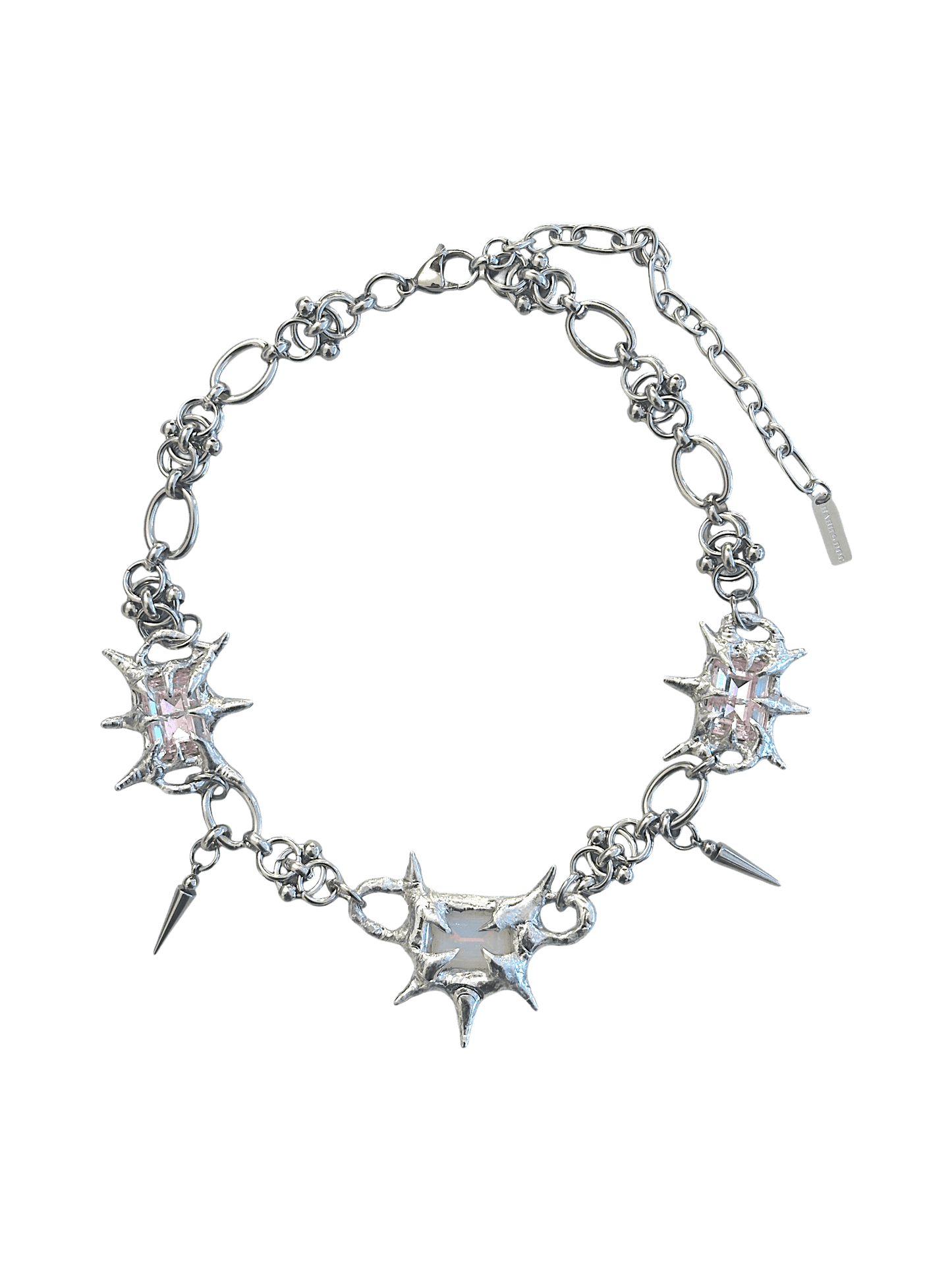 “Softlight Crystal Necklace by RABIES DOG, handcrafted with a soldered setting and a soft-glow crystal accent.”