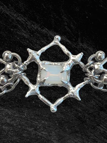 The Angel’s Eye Necklace is a sculptural statement piece inspired by sacred symbolism and watchful, otherworldly forms. Handcrafted by RABIES DOG, it carries a quiet tension between protection and unease