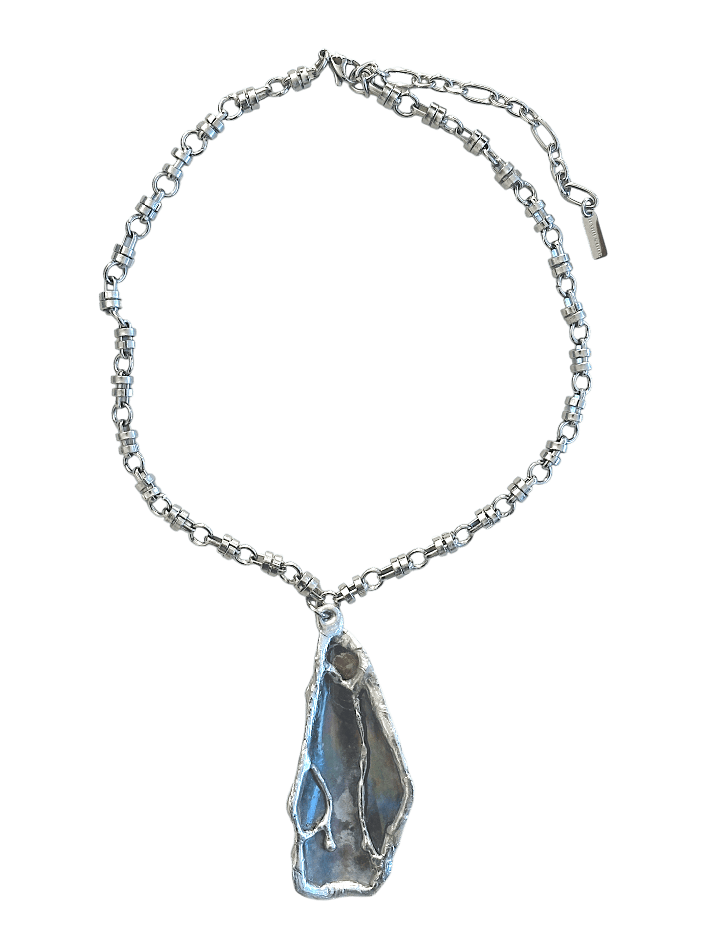 Handcrafted mussel shell necklace by RABIES DOG with organic shell and sculptural soldered metal details