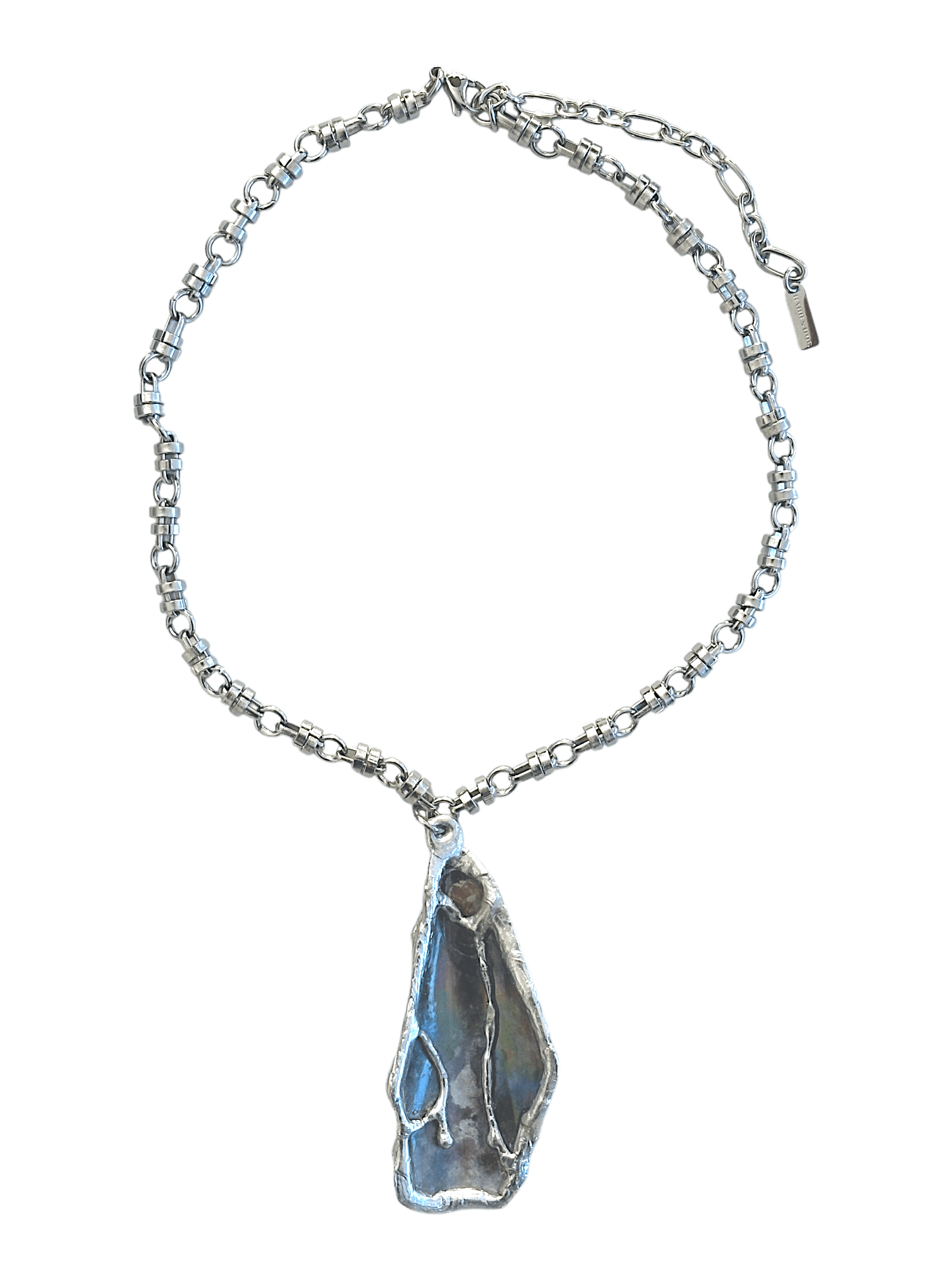 Handcrafted mussel shell necklace by RABIES DOG with organic shell and sculptural soldered metal details