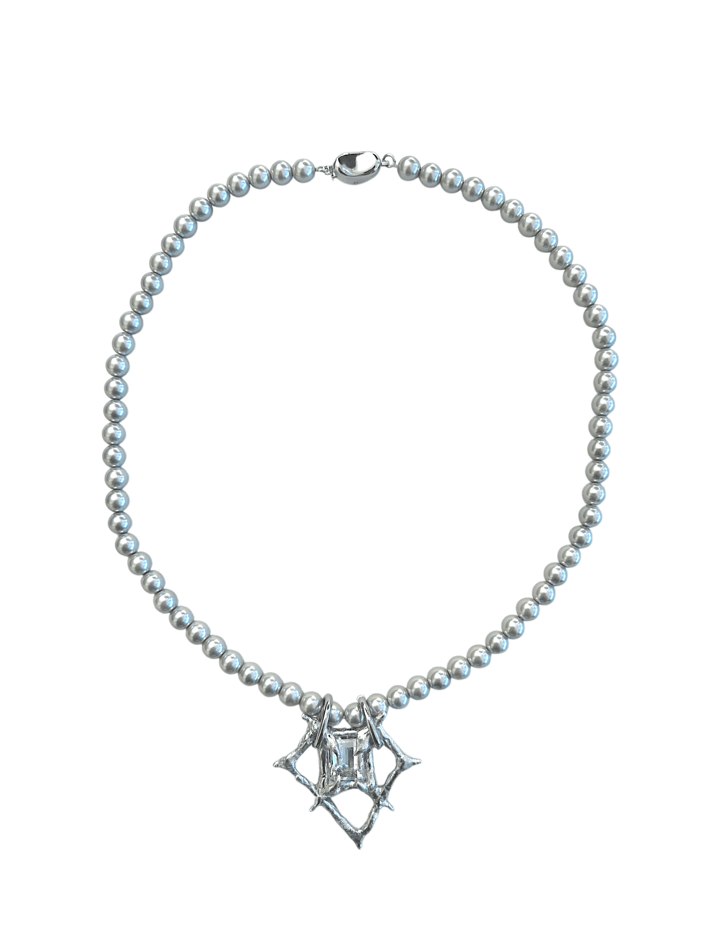 RABIES DOG Oracle necklace, a soldered crystal talisman worn on a pearl-like chain with an organic sculptural finish