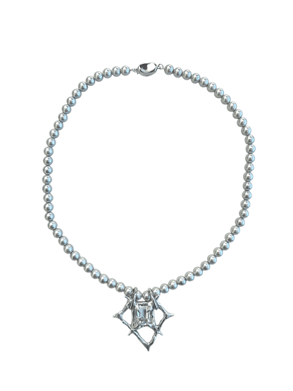 RABIES DOG Oracle necklace, a soldered crystal talisman worn on a pearl-like chain with an organic sculptural finish