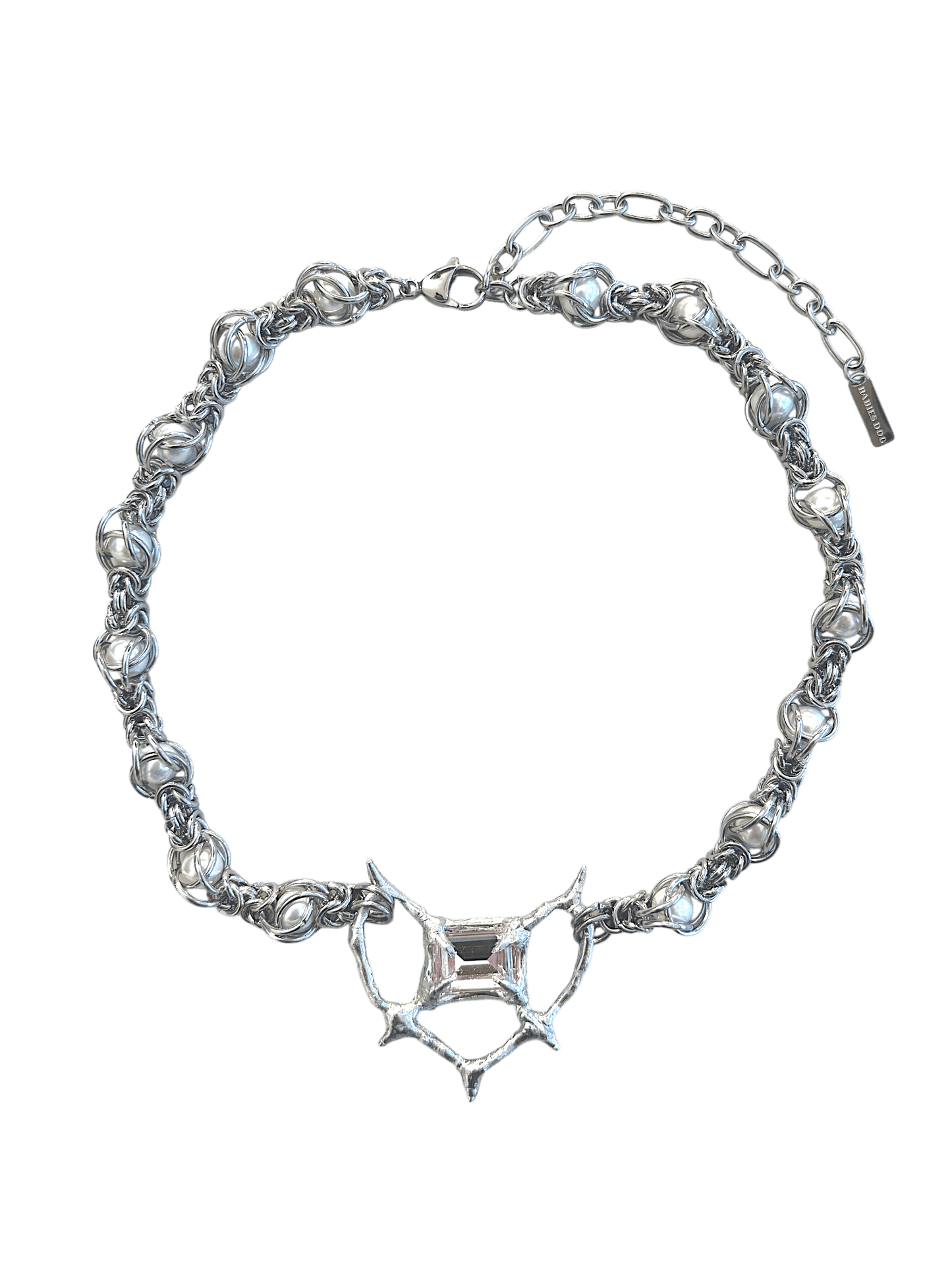 Pearl Antler necklace by RABIES DOG, handcrafted soldered metal necklace with pearls and organic antler-inspired form, front view on dark background