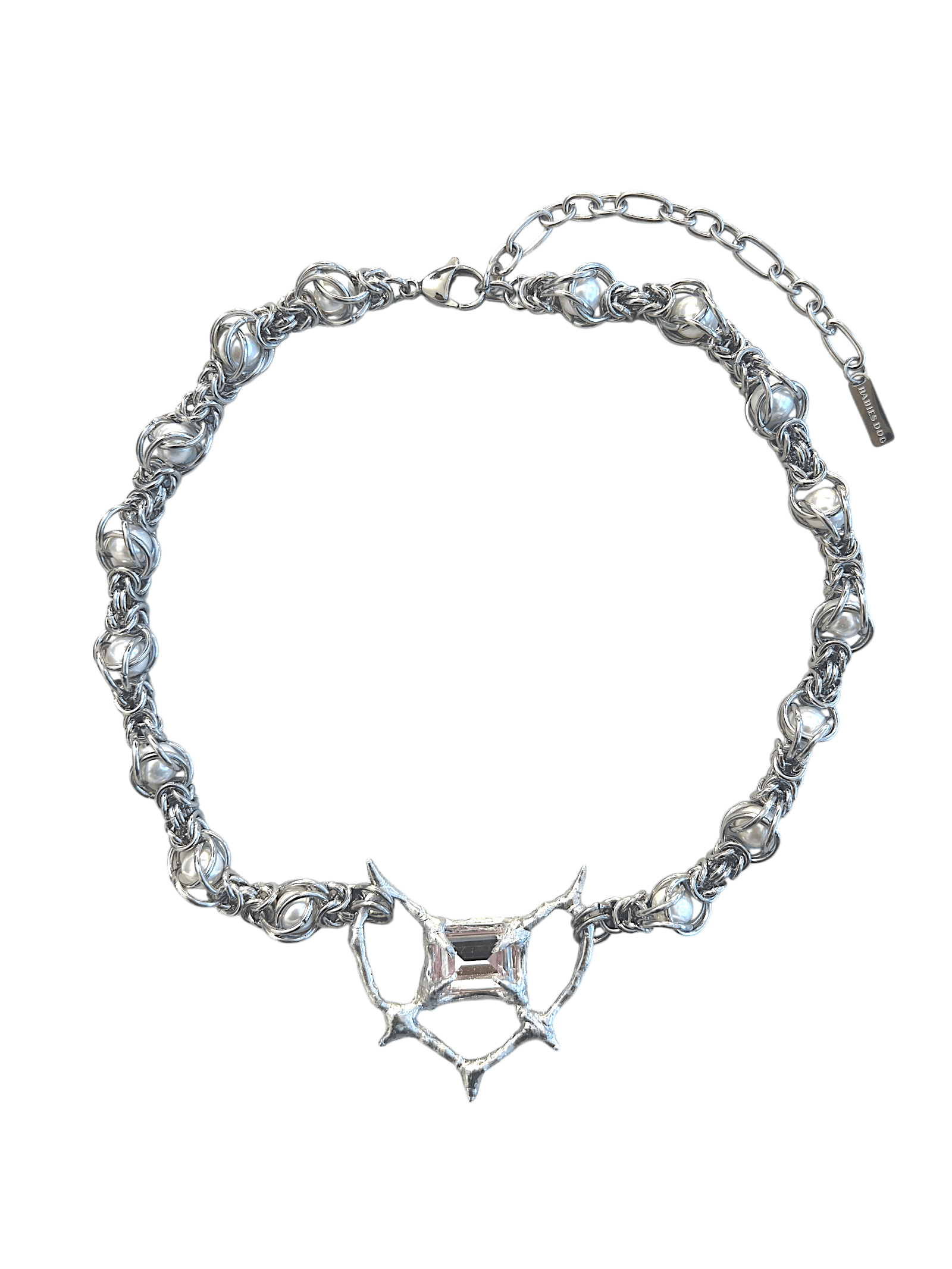 Pearl Antler necklace by RABIES DOG, handcrafted soldered metal necklace with pearls and organic antler-inspired form, front view on dark background