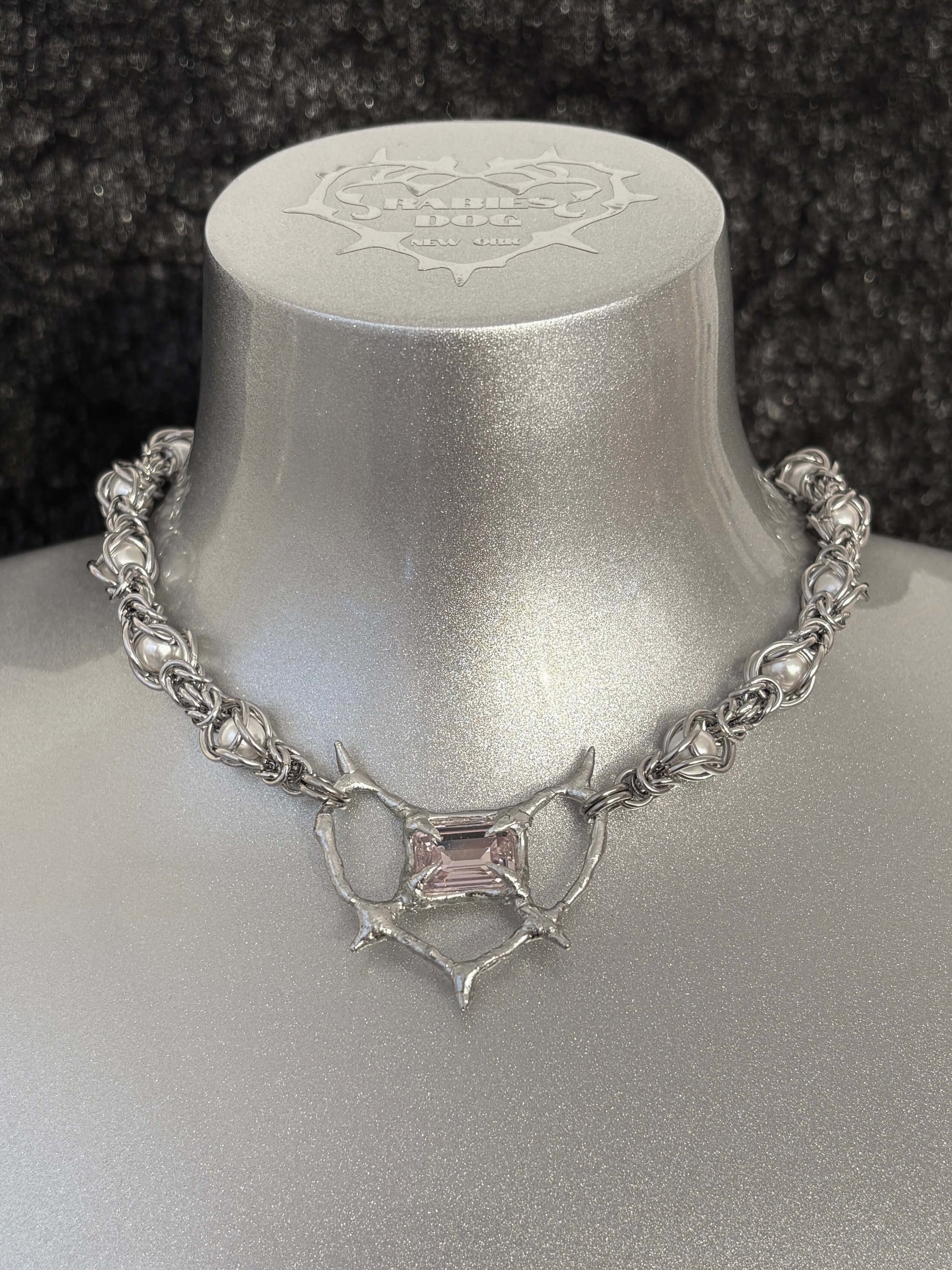 Pearl Antler necklace by RABIES DOG, handcrafted soldered metal necklace with pearls and organic antler-inspired form, front view on dark background