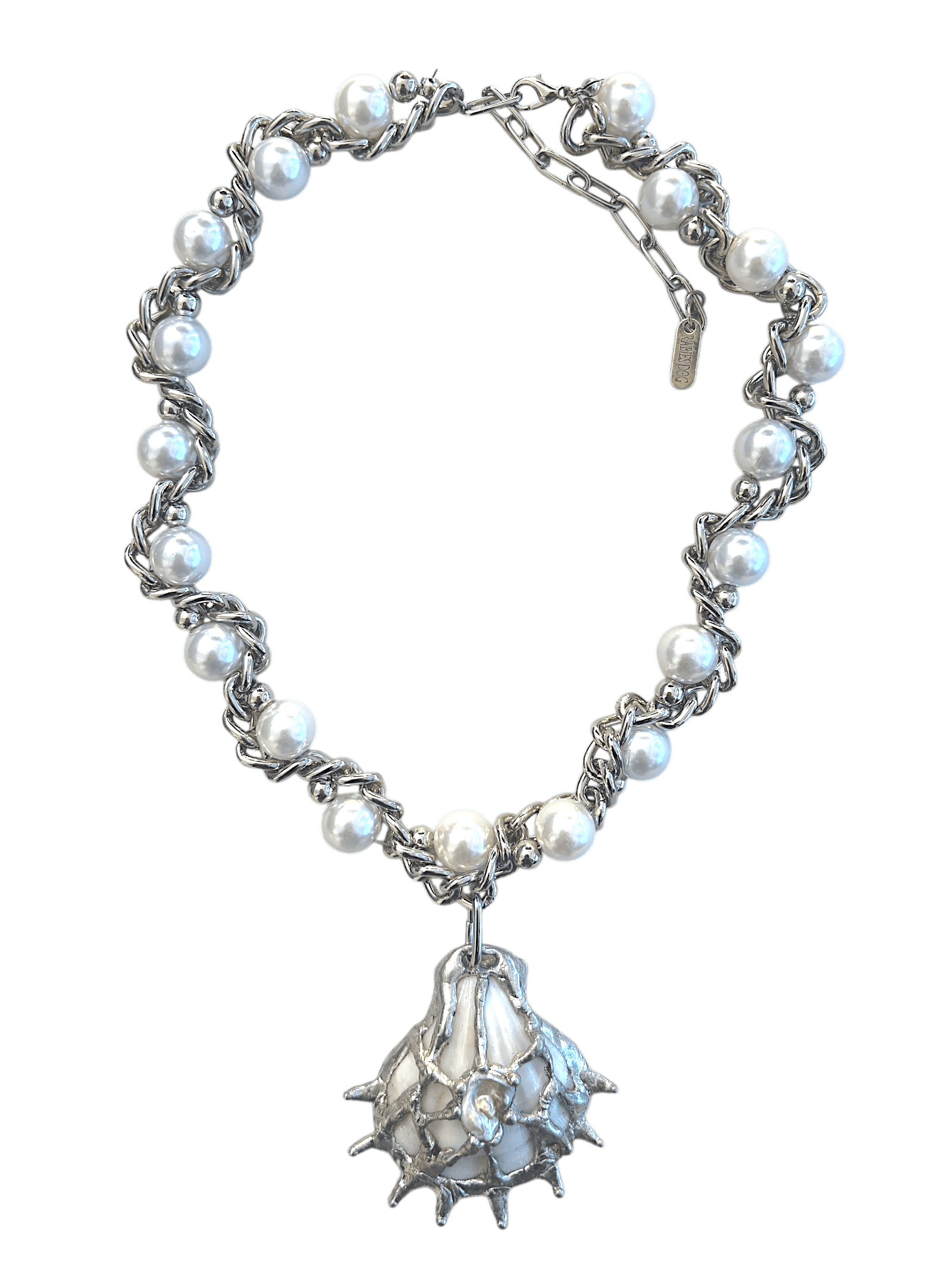 Pearl Opulence necklace by RABIES DOG, handcrafted tin soldered shell necklace with organic freshwater pearls.
