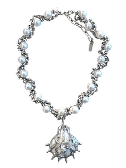 Pearl Opulence necklace by RABIES DOG, handcrafted tin soldered shell necklace with organic freshwater pearls.