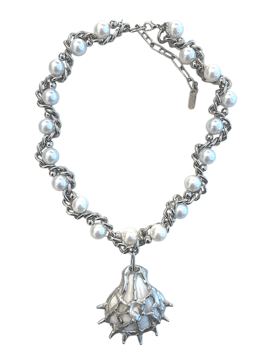 Pearl Opulence necklace by RABIES DOG, handcrafted tin soldered shell necklace with organic freshwater pearls.