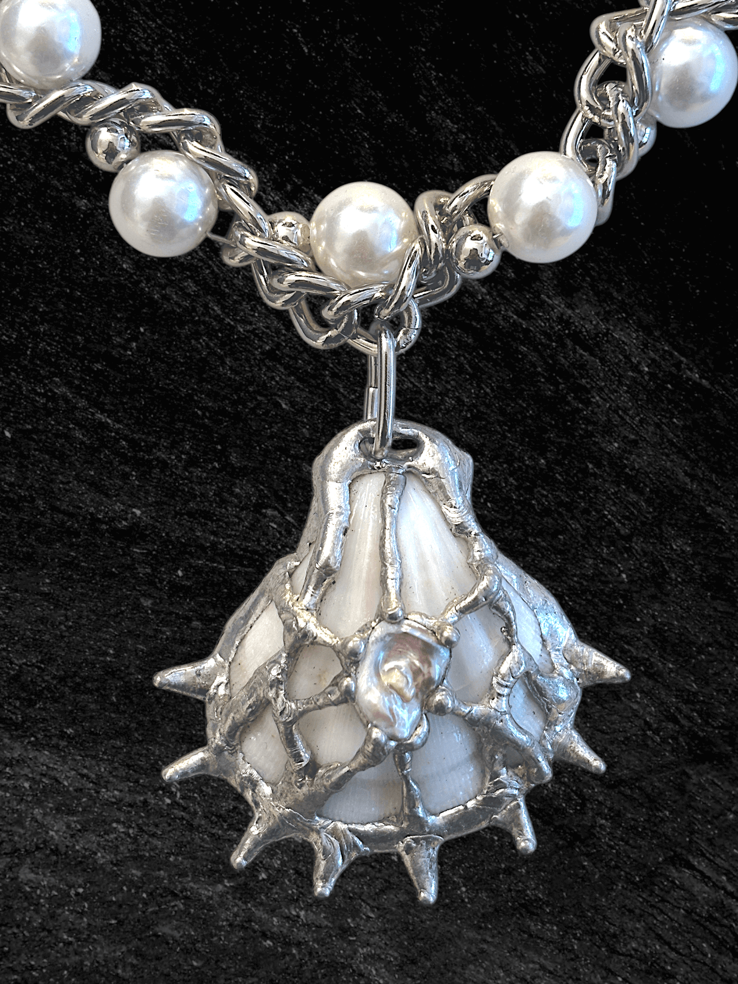 Pearl Opulence necklace by RABIES DOG, handcrafted tin soldered shell necklace with organic freshwater pearls.