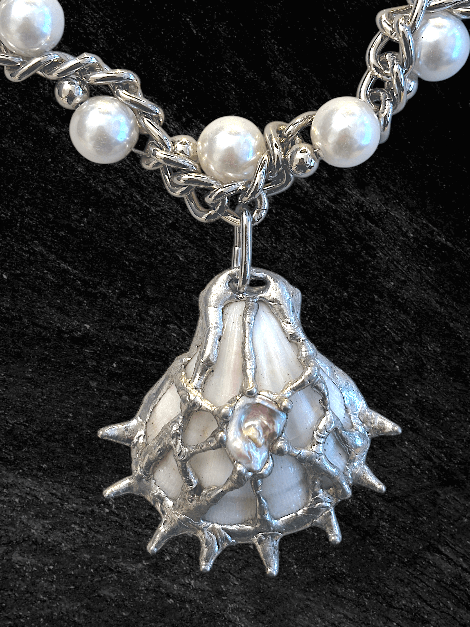 Pearl Opulence necklace by RABIES DOG, handcrafted tin soldered shell necklace with organic freshwater pearls.