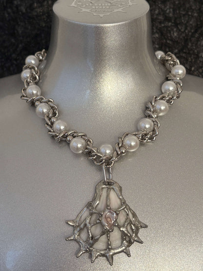 Pearl Opulence necklace by RABIES DOG, handcrafted tin soldered shell necklace with organic freshwater pearls.