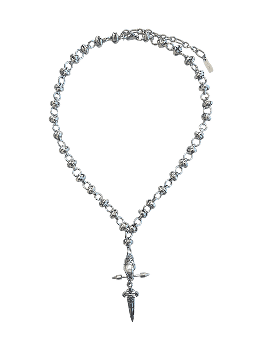 Pierce My Prayer stainless steel necklace by RABIES DOG, handmade statement necklace with pearl and pierced metal details