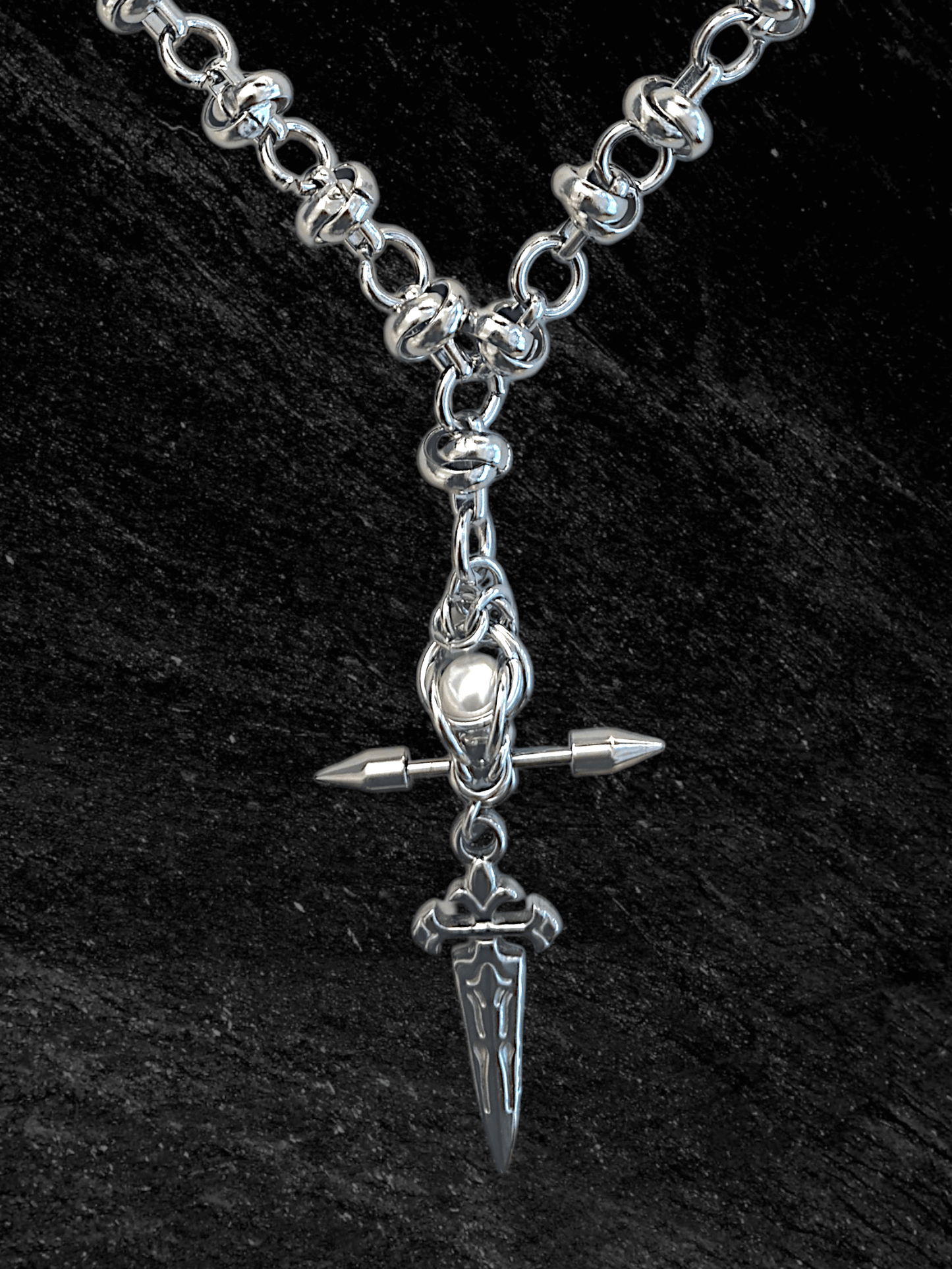 Pierce My Prayer stainless steel necklace by RABIES DOG, handmade statement necklace with pearl and pierced metal details