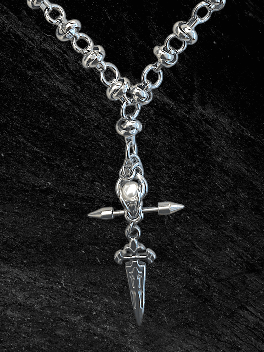 Pierce My Prayer stainless steel necklace by RABIES DOG, handmade statement necklace with pearl and pierced metal details