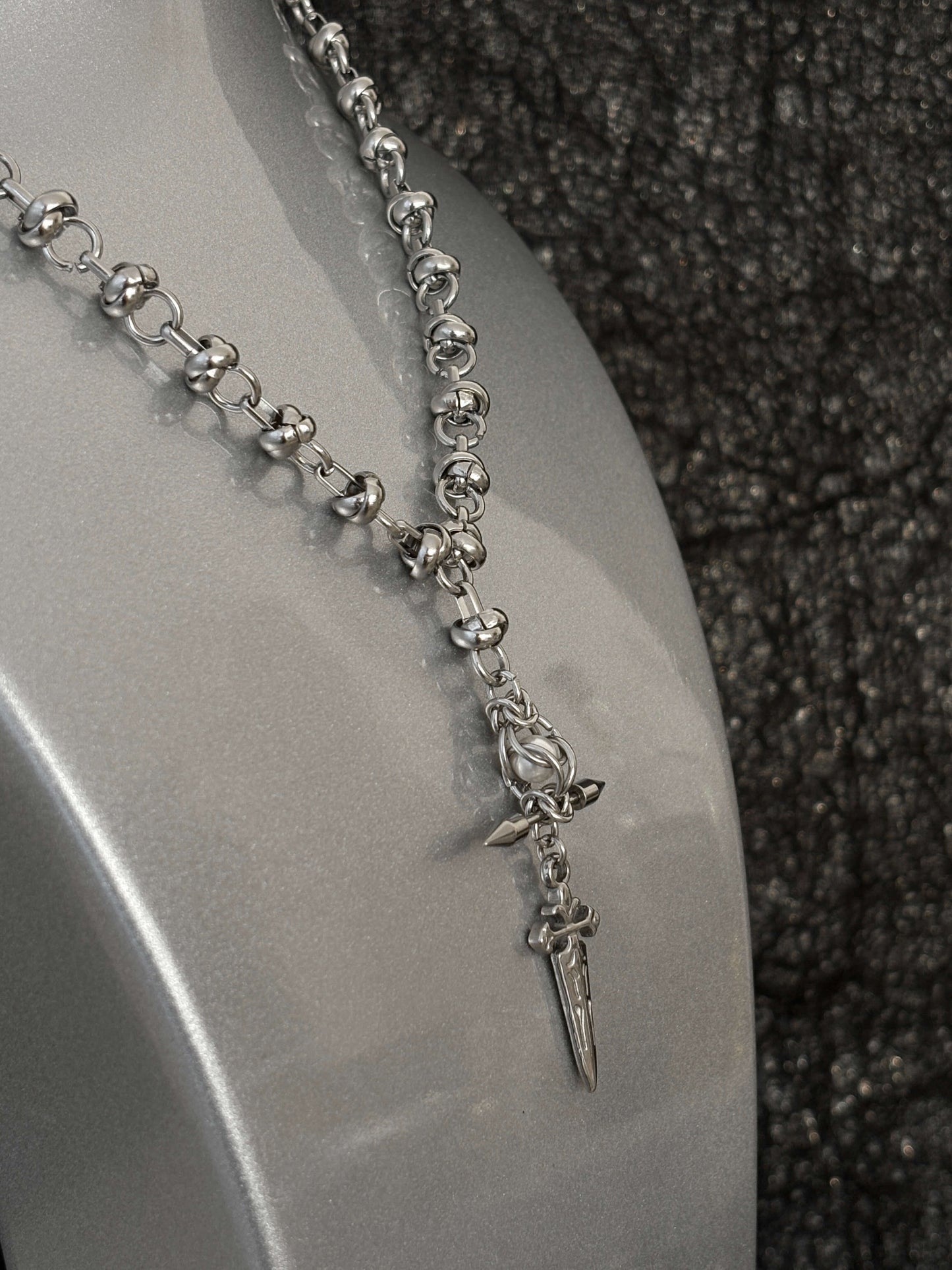 Pierce My Prayer stainless steel necklace by RABIES DOG, handmade statement necklace with pearl and pierced metal details